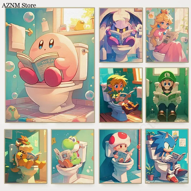 Home Bathroom Wall Art - 재미있는 욕실 만화 비디오 게임 포스터