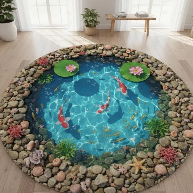 Home Goods Bathroom Rugs - 2D 시각 효과 잉어 연못 원형