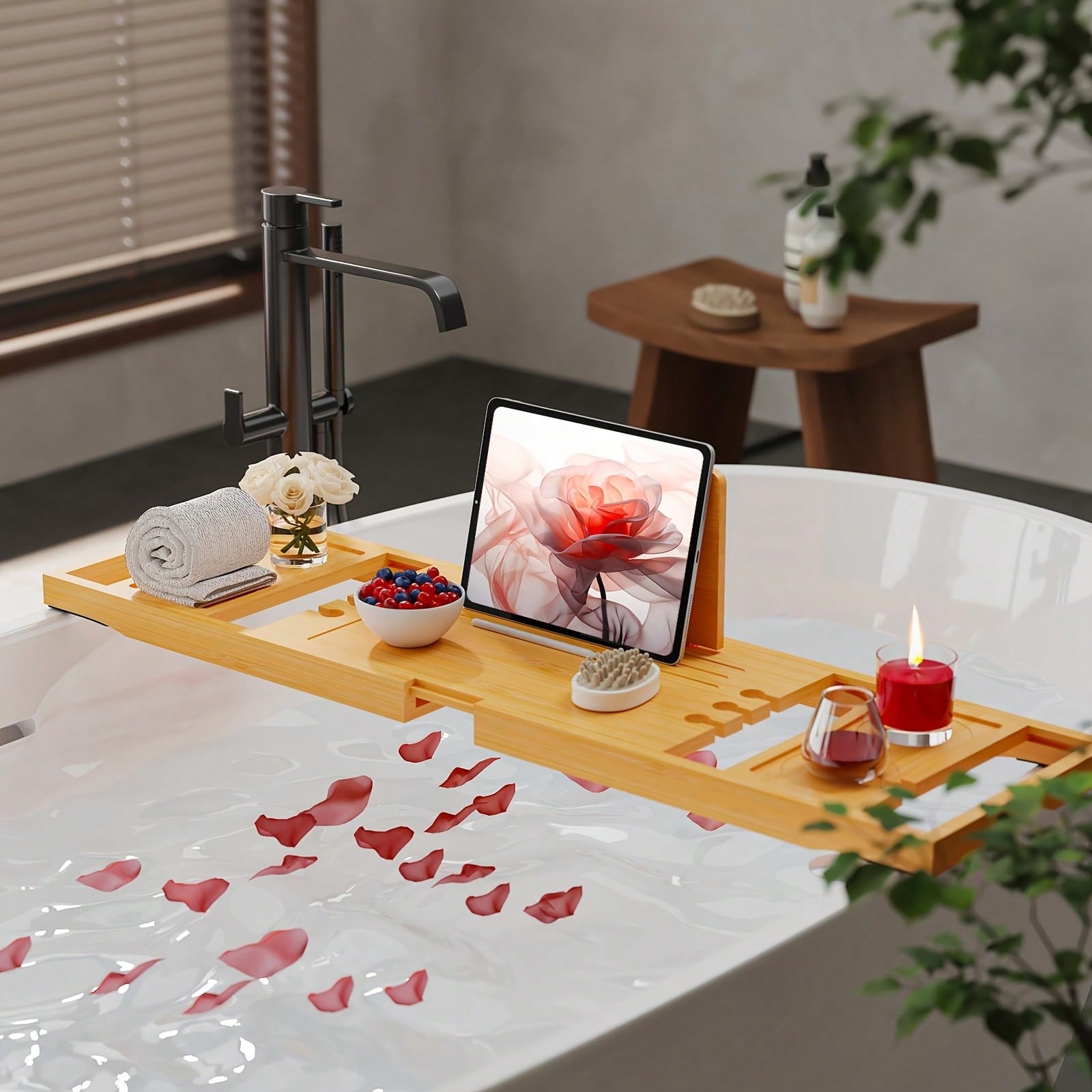 Home Essentials Bathroom Organizer - 대나무 욕조 캐디 트레이, 태블릿, 음료