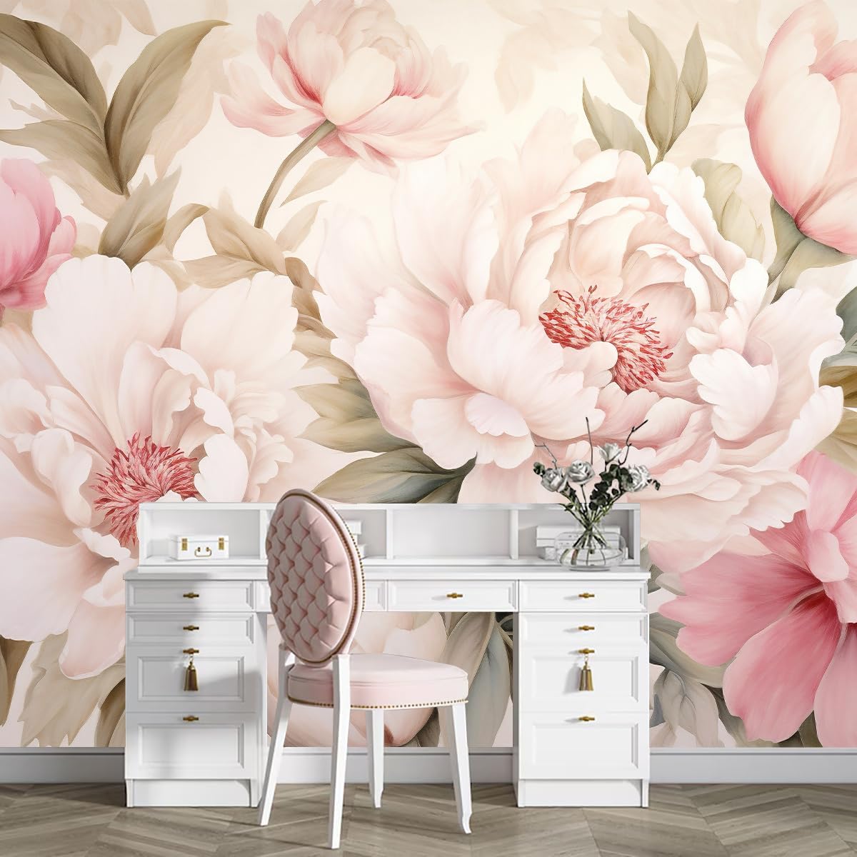 Home Bathroom Wallpaper - 우아한 모란 꽃무늬 벽화 벽지 화장대