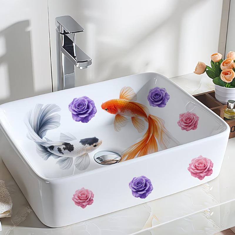 새로운 행운의 잉어 꽃무늬 세면대 스티커 자가 접착 방 - Home Bathroom Wash Basin 리뷰 및 가격