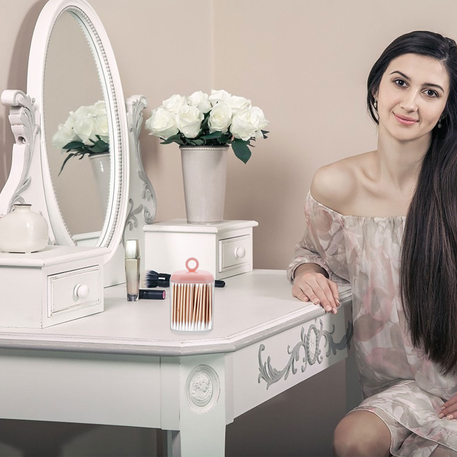 뚜껑이 있는 데스크탑 화장솜 보관함, 욕실 화장대용 투 - Home Essentials Bathroom Organizer 리뷰 및 가격