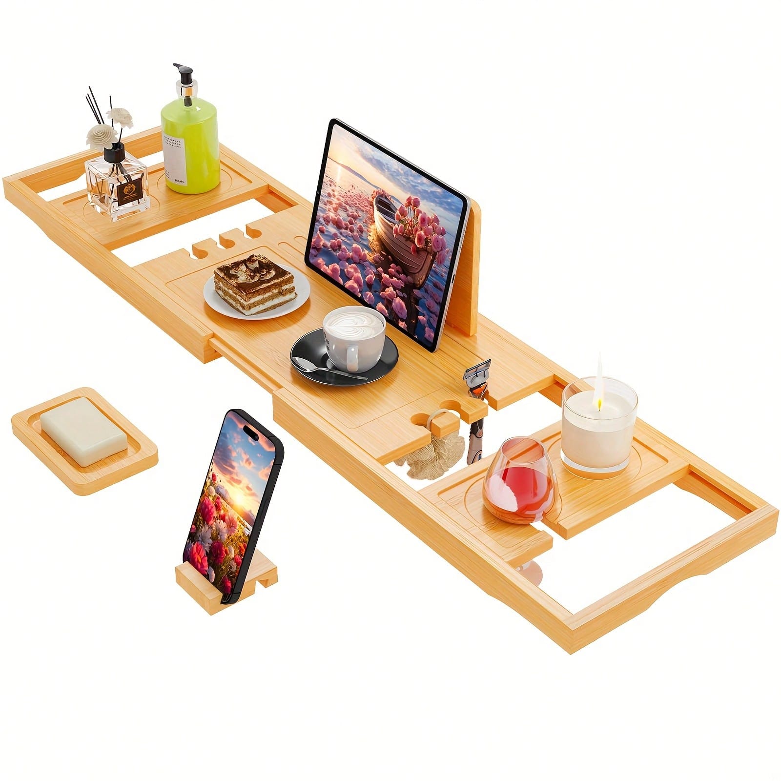 대나무 욕조 캐디 트레이, 태블릿, 음료 및 수건을 위 - Home Essentials Bathroom Organizer 리뷰 및 가격