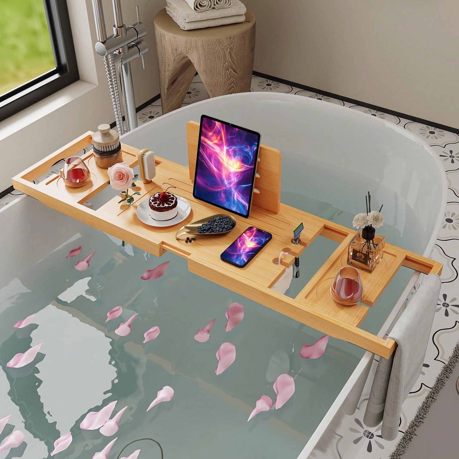 대나무 욕조 캐디 트레이, 태블릿, 음료 및 수건을 위 - Home Essentials Bathroom Organizer 리뷰 및 가격