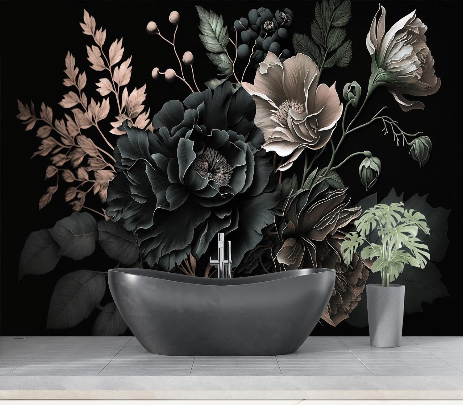 극적인 어두운 꽃무늬 식물성 모란 태피스트리 벽화 벽  - Home Bathroom Wallpaper 리뷰 및 가격